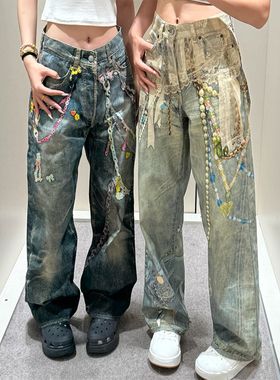 AC3D数码印花糖果链条2006F1981m3D打印蕾丝珍珠直简湾刀牛仔裤长