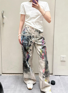 新款AC3D1981打印涂鸦做旧泼墨脏同款男女日常通勤直简牛仔裤长裤