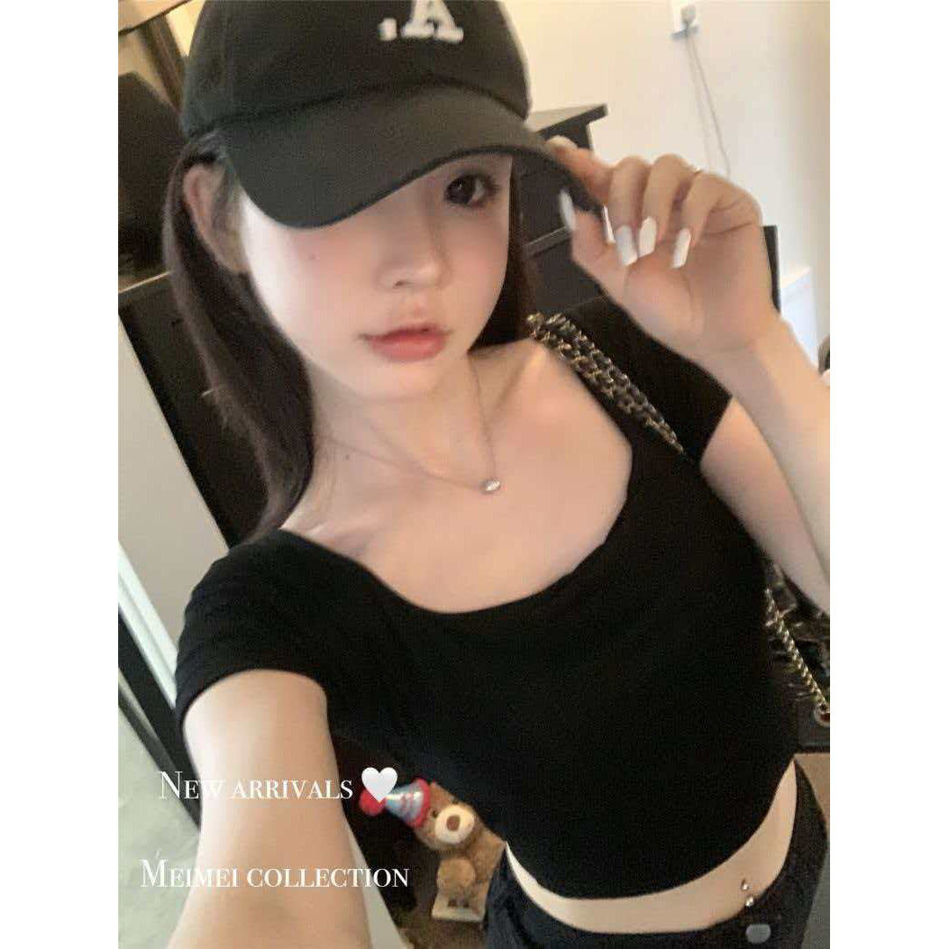 甜辣妹方领修身短袖T恤女2026夏季别致后背镂空心机露背纯欲上衣