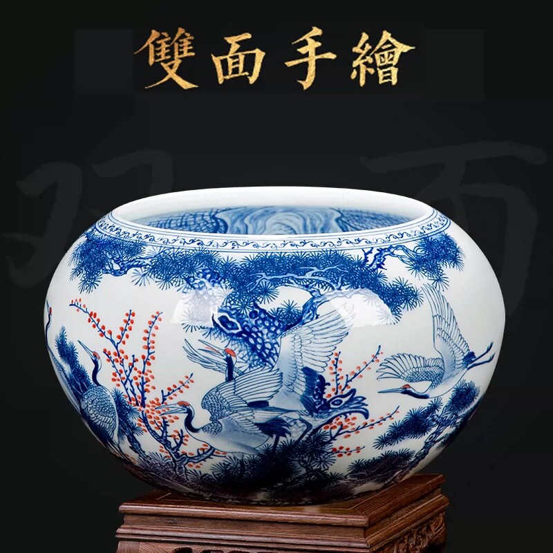 景德镇陶瓷大师手绘青花金鱼养乌龟风水缸聚宝盆桌面中式装饰摆件