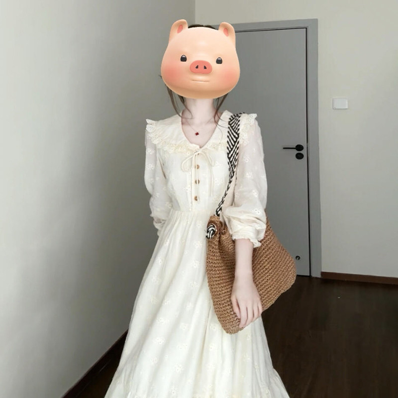 娃娃领法式气质长袖连衣裙子女夏连衣裙