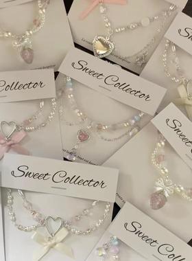 甜美爱心蝴蝶结珍珠项链韩系小清新气质锁骨链少女心时尚颈链项饰