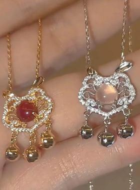 儿童项链古风新中式平安锁轻奢小众猫眼石锁骨链设计感 铃铛 颈链