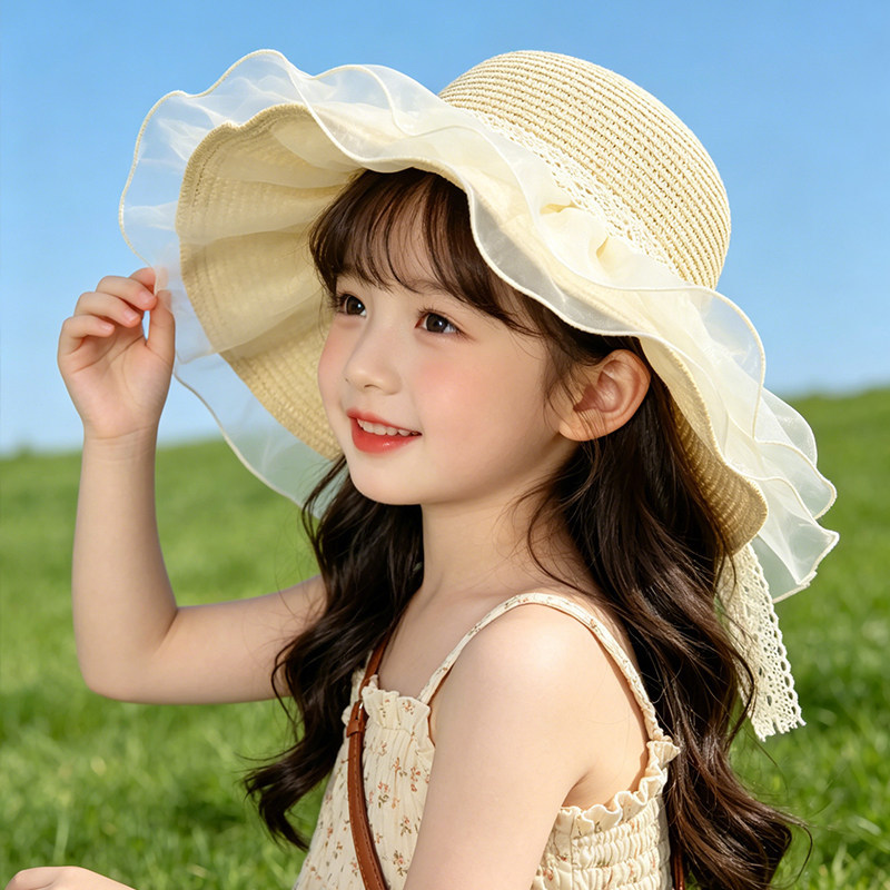儿童防晒帽女童夏季2026新款户外出游女孩草帽海边沙滩帽遮阳帽子图片