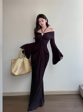 GirlsAt18 性感紫色一字肩连衣裙女秋冬高级气质修身生日礼服长裙