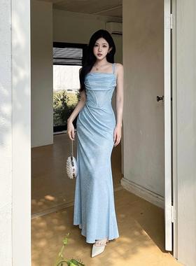 GirlsAt18 蓝色荡领吊带连衣裙女夏季性感修身包臀裙高级礼服长裙