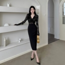 Girlsat18御姐蕾丝V领黑色长袖 长裙 连衣裙女秋冬高级气质性感修身