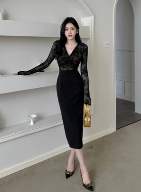 Girlsat18御姐蕾丝V领黑色长袖连衣裙女秋冬高级气质性感修身长裙