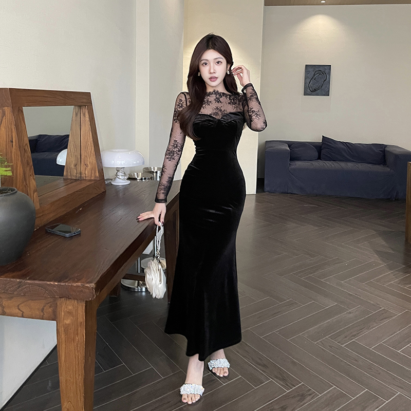法式性感蕾丝拼接丝绒连衣裙