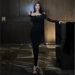 GirlsAt18 性感一字肩蕾丝连衣裙女秋冬气质年会礼服裙子包臀长裙