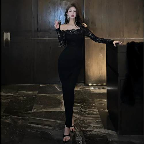 蕾丝长袖连衣裙包臀礼服长裙