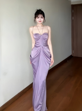 GirlsAt18 紫色缎面性感露背吊带连衣裙夏季高级御姐包臀礼服长裙
