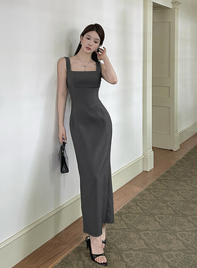 GirlsAt18 灰色吊带连衣裙女夏季新款法式高级感气质收腰包臀长裙
