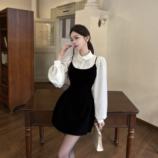 法式 气质修身 黑色长袖 2026春季 短裙 衬衣吊带小黑裙套装 GirlsAt18