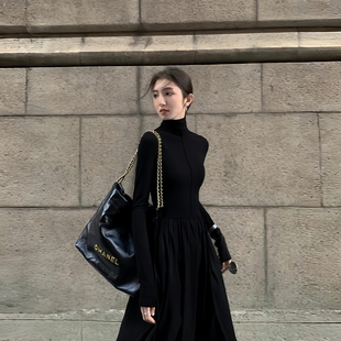 长裙 黑色高领针织连衣裙女秋冬打底裙高级气质修身 GirlsAt18 法式