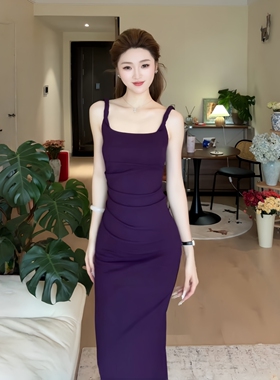GirlsAt18 性感针织吊带连衣裙女夏季紫色修身包臀裙收腰包臀长裙