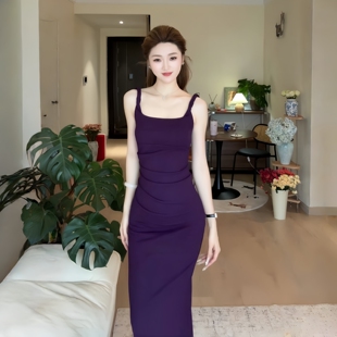 包臀裙收腰包臀长裙 紫色修身 GirlsAt18 性感针织吊带连衣裙女夏季