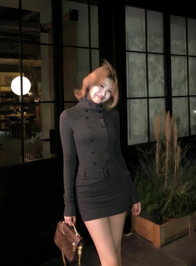 GirlsAt18 灰色高领长袖连衣裙女冬季内搭打底裙辣妹收腰包臀短裙