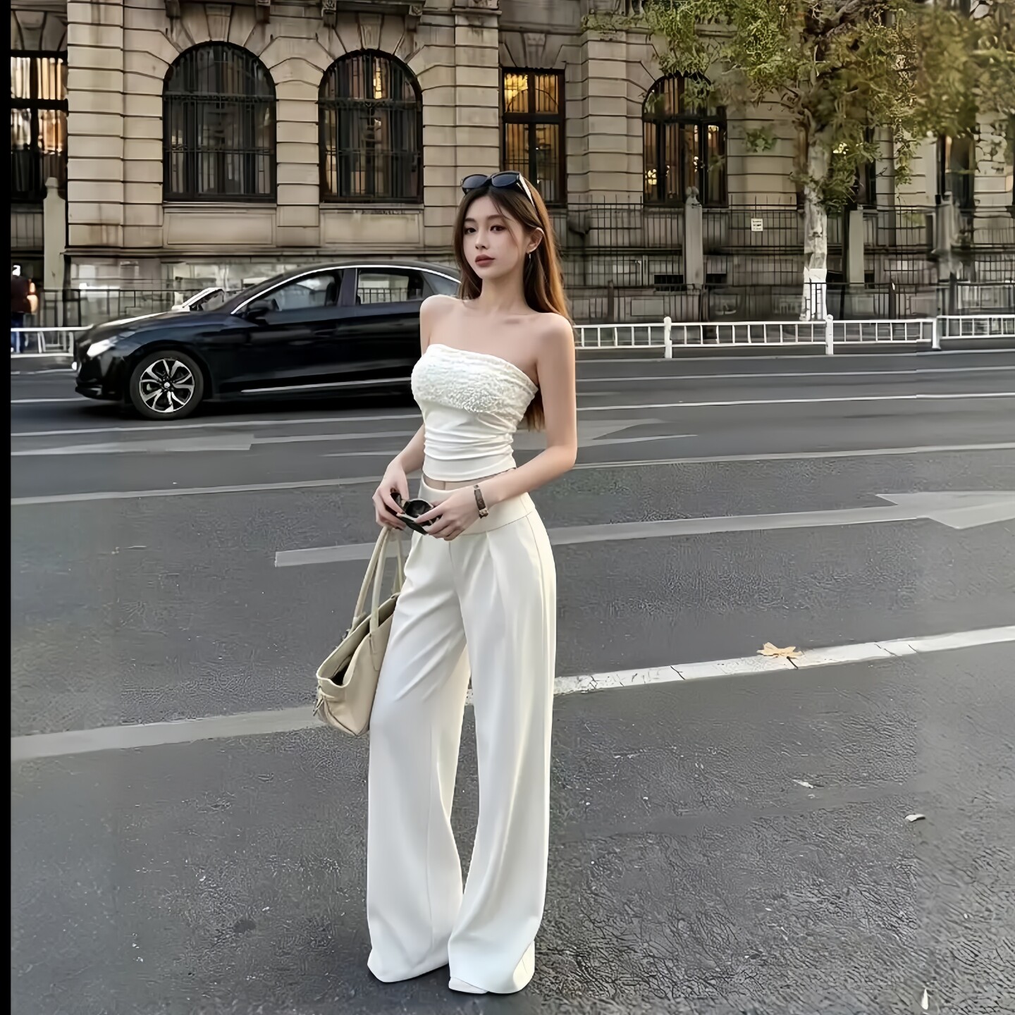GirlsAt18 美式复古辣妹套装女夏季性感亮片抹胸上衣直筒裤两件套