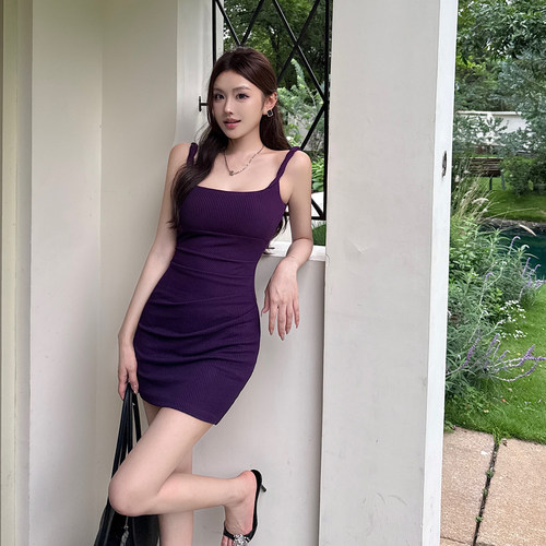 夏季性感紫针织吊带包臀连衣裙