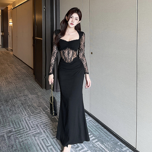 气质礼服长裙修身 连衣裙女法式 鱼尾裙 性感黑色蕾丝长袖 GirlsAt18