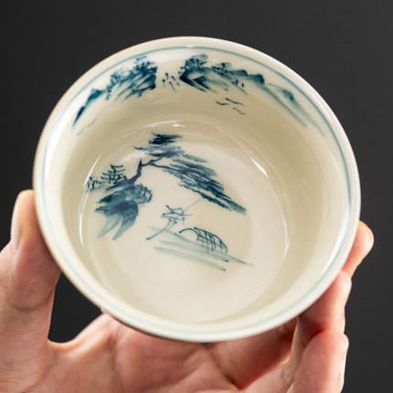 南亭晚风大漆手绘山水茶杯陶瓷功夫茶具单杯品茗杯高端宽口茶杯