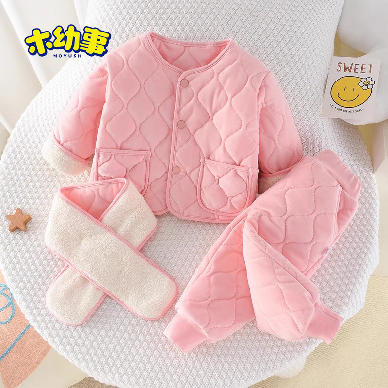 童装加绒棉服套装秋冬季女童中小童宝宝夹棉加厚保暖棉衣服三件套