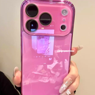 极简电镀玻璃玫粉色适用苹果17promax手机壳女款iPhone16保护套15镜面14带镜头膜13全包防摔高级感女神超火