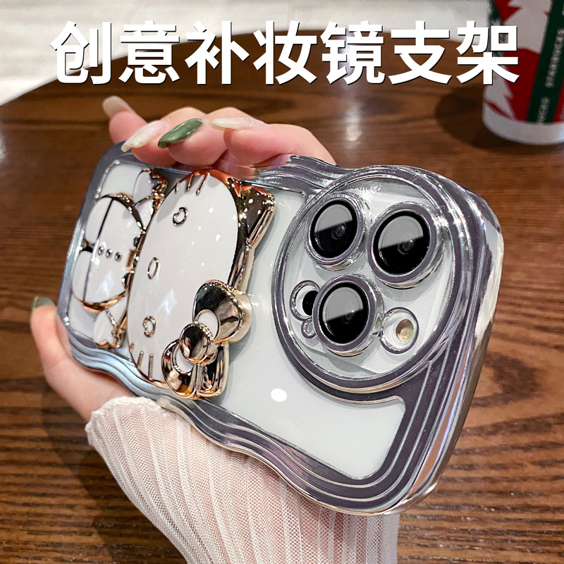 猫咪支架适用苹果14ProMax手机壳带镜头膜iphone13高级感14pro保护套14plus全包防摔12补妆镜子11电镀女潮por