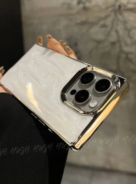 长方形电镀银色边15promax闪粉滴胶奶油灰白色晕染12/13/14Pro11直边大孔手机壳小众时尚15plus新款