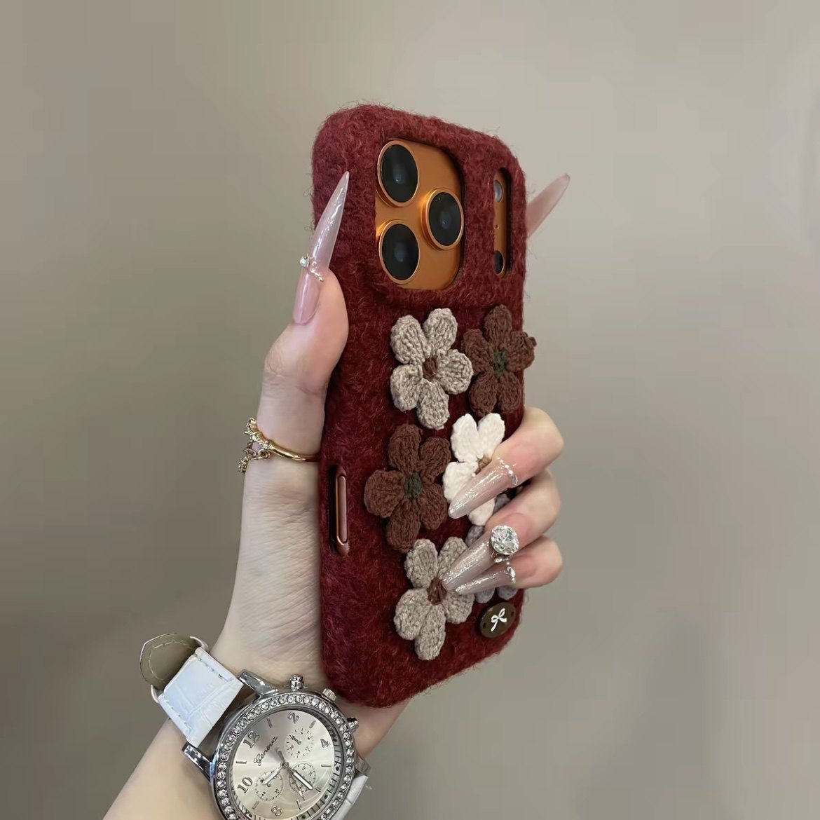 17pm甜美针织立体花朵毛呢全包壳