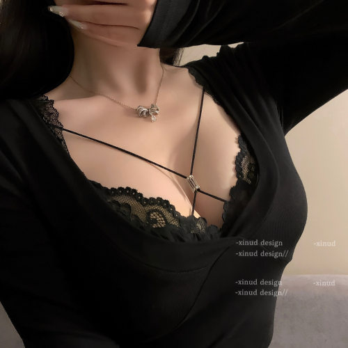 「LA」绝了!!好撩!!原创美学禁欲系文胸蕾丝交叉吊带内搭黑色上衣