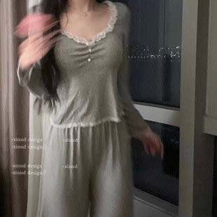 「LA」香氛甜茶 纯欲睡衣女带胸垫长袖 甜美蕾丝莫代尔家居服套装