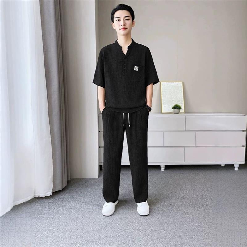 媛鑫休闲套装新款男装夏季五分2026运动高端中袖中国风两件套宽松