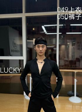 lucky049新款拉丁舞服黑色V领带一粒纽扣修身上衣