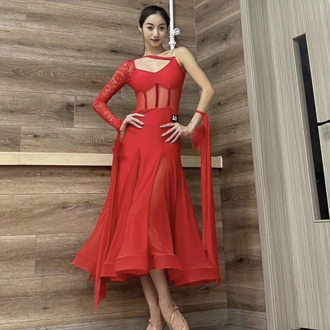 LR059摩登舞服蕾丝网纱单袖吊带连衣裙有胸垫底裤包含飘袖可定制