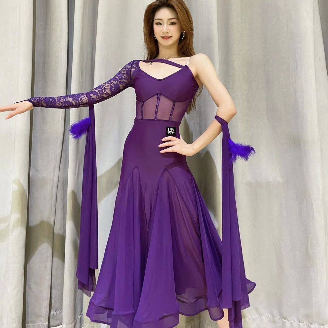 LR059摩登舞服蕾丝网纱单袖吊带连衣裙有胸垫底裤包含飘袖可定制