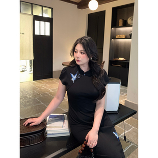 改良旗袍连衣裙夏 黑色蝴蝶刺绣新中式 大小姐微胖大码 秘蝶遐想