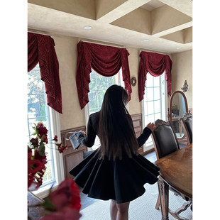 收腰连衣裙气质小黑裙 赫本风复古长袖 大小姐微胖大码 步步生莲