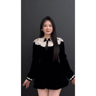 显瘦蕾丝拼接长袖 法式 丝绒连衣裙短裙 古堡千金 大小姐微胖大码