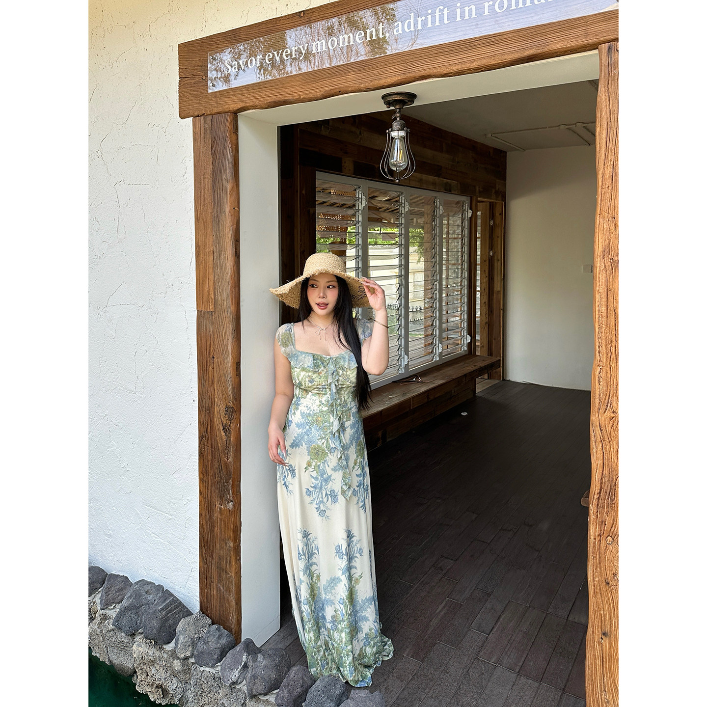 大小姐微胖大码“盛夏风铃”田园度假风绿色吊带连衣裙夏气质长裙