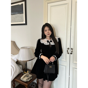 大小姐微胖大码“古堡千金”法式显瘦蕾丝拼接长袖丝绒连衣裙短裙