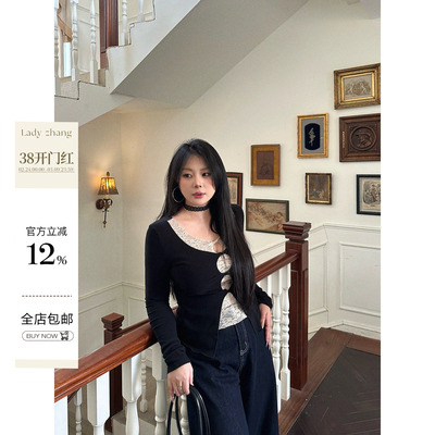 甜辣风假两件蕾丝针织衫上衣