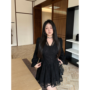 设计感辣妹纯欲黑色V领蕾丝连衣裙A字短裙 浪漫陷阱 大小姐