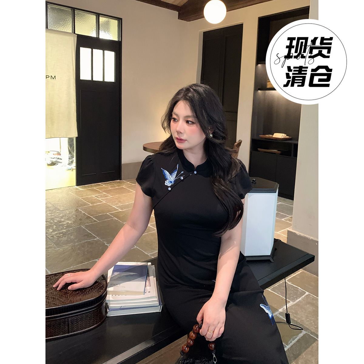 蝴蝶结刺绣新中式旗袍连衣裙