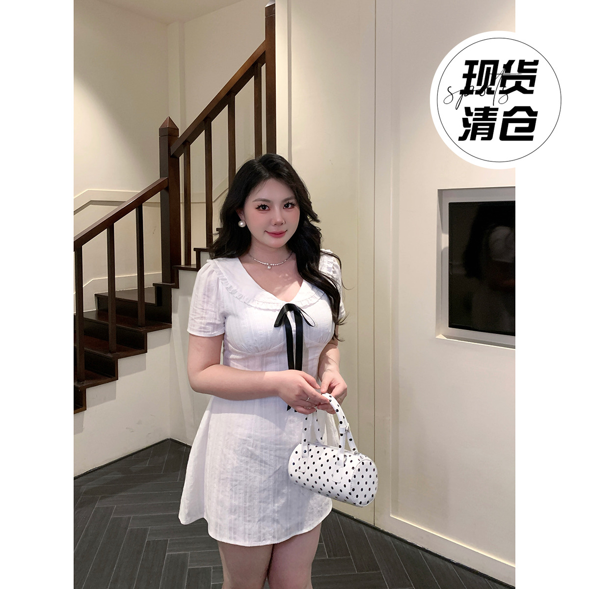 甜美风蝴蝶结荷叶领短袖连衣裙