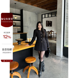 大小姐微胖大码“黑色轮廓”秋冬款韩版收腰中长款毛呢大衣外套女