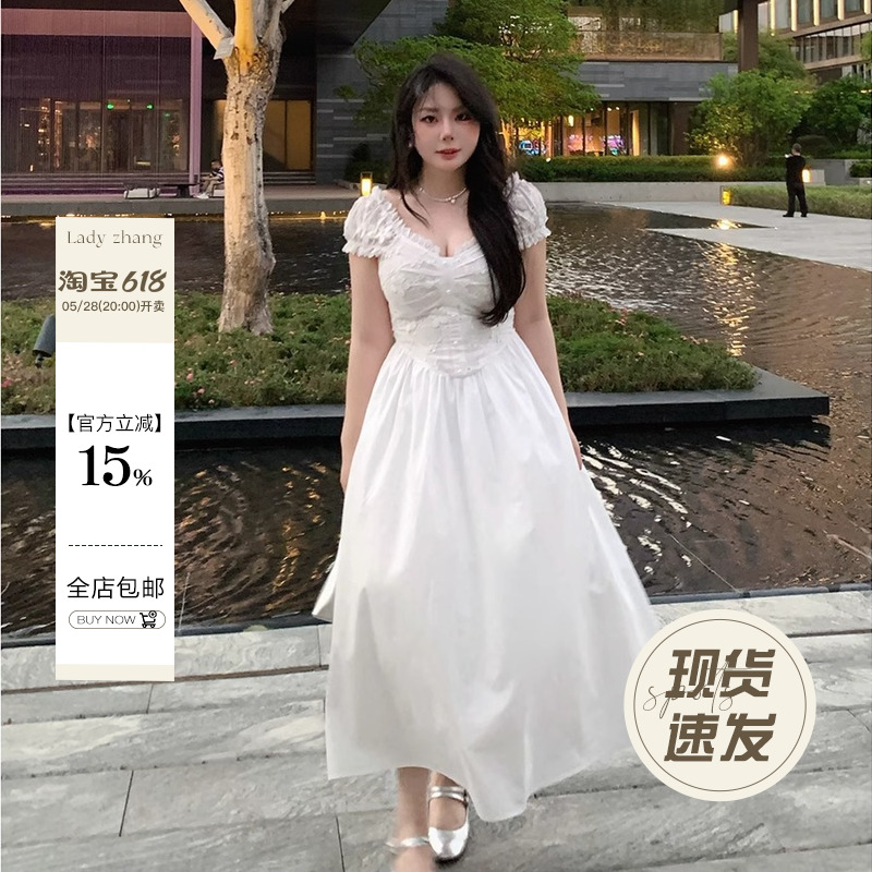大小姐微胖大码“告白春日”法式茶歇蕾丝泡泡短袖收腰显瘦连衣裙