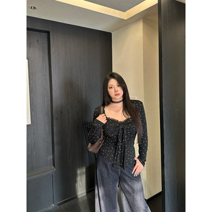 蕾丝吊带方领波点长袖 春季 上衣两件套 兰斯艺术 大小姐微胖大码