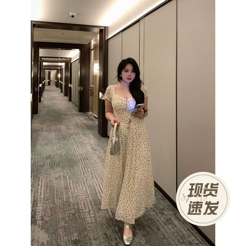 大小姐微胖大码“少女诗匣”法式波点印花收腰连衣裙气质露背长裙